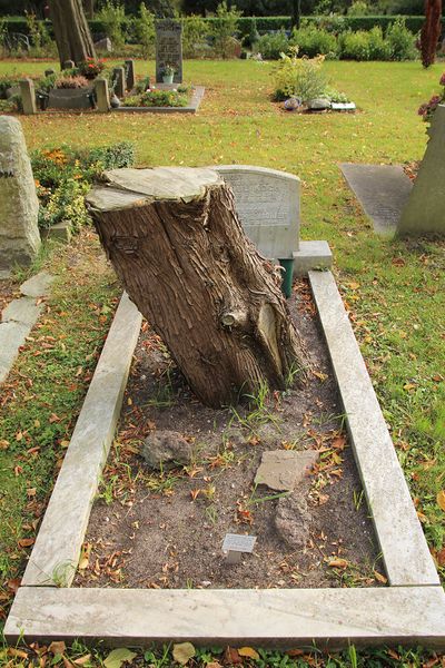 Op een graf is een boom gegroeid, die tot boomstam is afgezaagd.