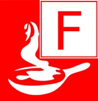 Brandklasse F is een rood met wit vierkant, waar een koekenpan en een F op staat.