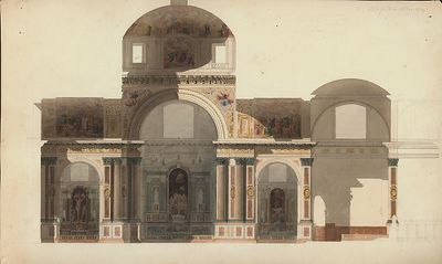 A.W. van Dam, doorsnede van de San Alessandro in Milaan (1839), potlood en penseel in kleur op papier, 22,3 x 36,9 cm